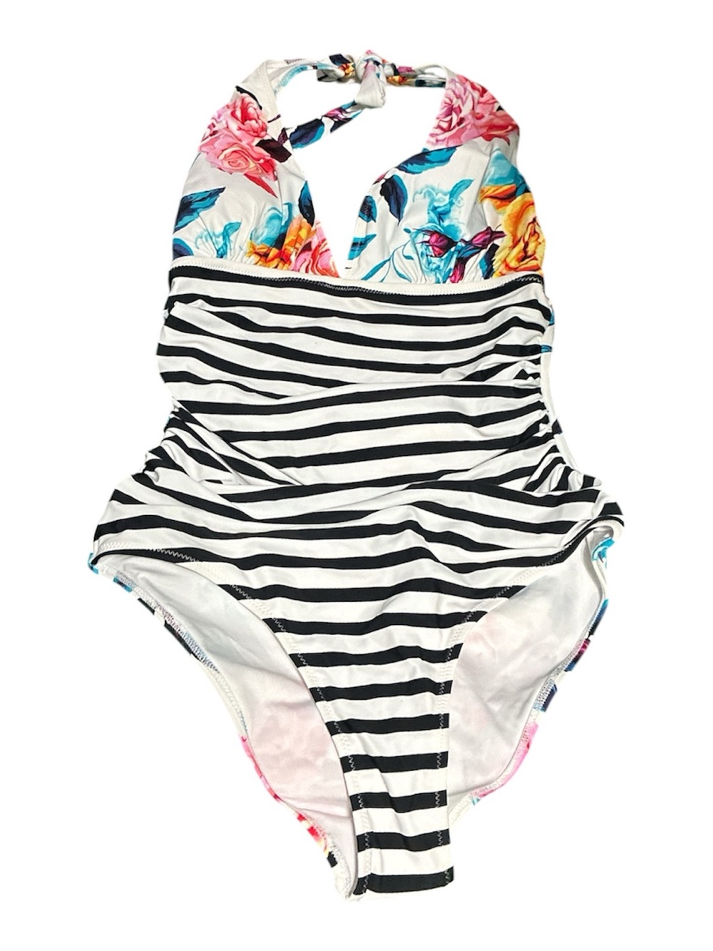 Cupshe Black & White Striped One-Piece with Colorful Floral Halter